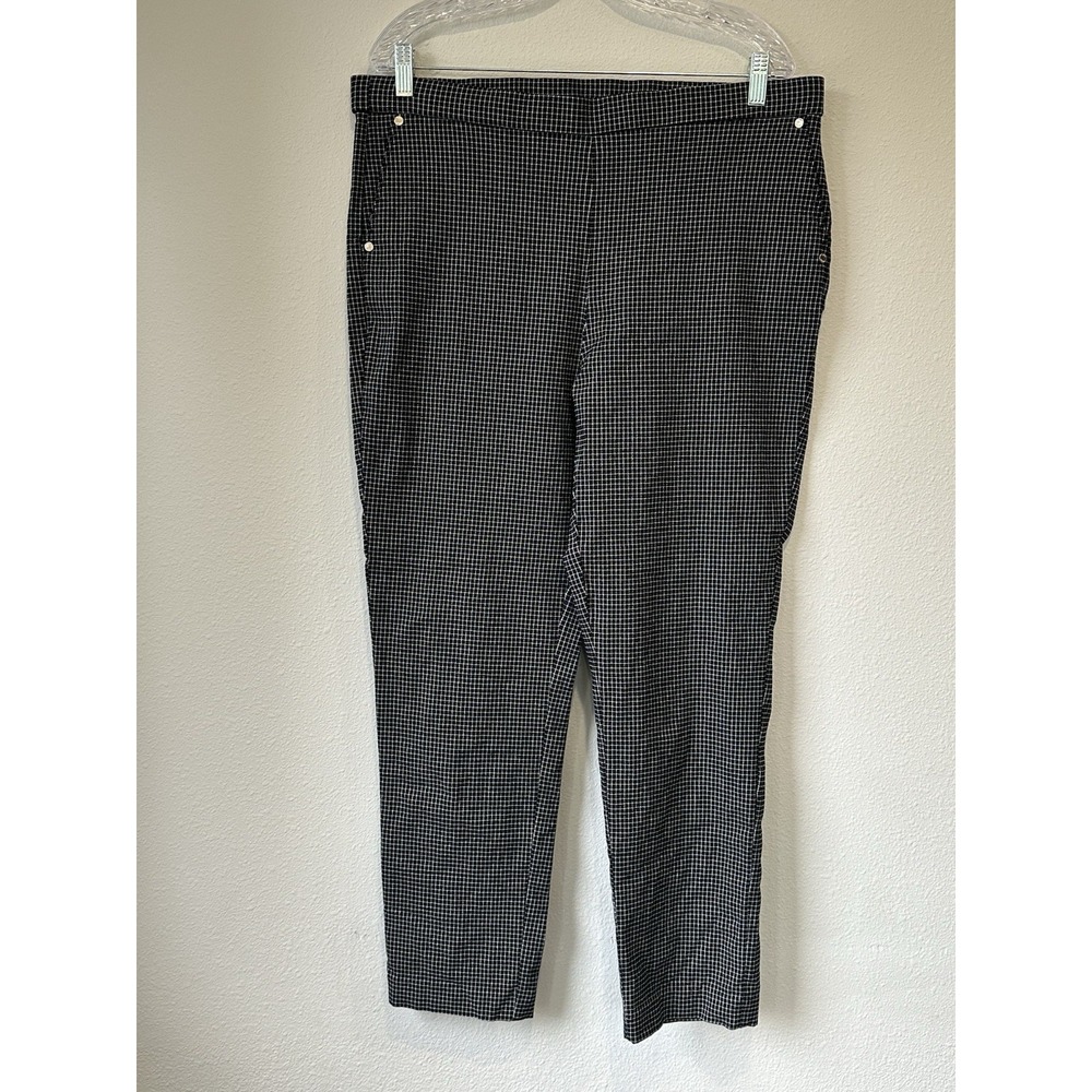 Anne Klein Slim Crop Pants Black‎ White Plaid Pull On Stretch Womens